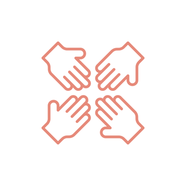 Minimalist icon of four hands joined together, representing teamwork and community support.