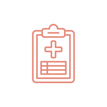 Pink line icon of a medical clipboard with a cross symbol for healthcare records.