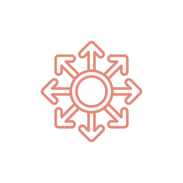 Pink line icon of a central circle with eight arrows pointing outward representing distribution or scalability.