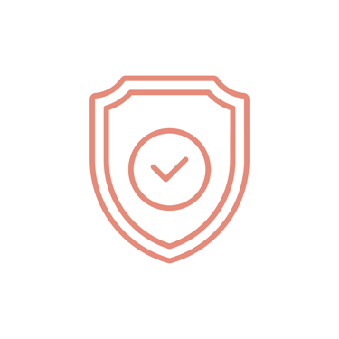 Pink line art icon of a security shield with a checkmark for data protection and safety.
