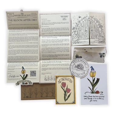 collage of paper goods and stickers from a flat lay of The Bloom After Dirt snail mail subscription