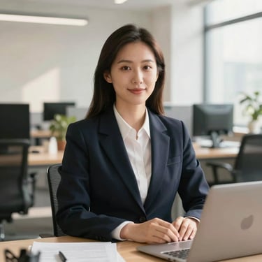 Dignified portrait of a female financial auditor in a bright, modern office with soft daylight, warm tones, professional.