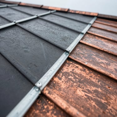 Close-up of hand-formed zinc seams on a roof, metallic reflections, oxidized copper tones