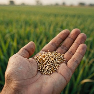 Macro shot of premium golden wheat seeds resting in a Pakistani farmer's palm, warm golden-hour daylight, cinematic editorial photography, medium format film.