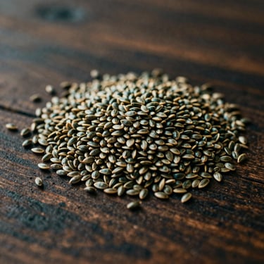 Close up of premium cotton seeds on a dark rustic wooden table, soft side lighting, rich textures, cinematic editorial photography.