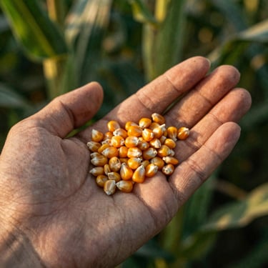 A handful of vibrant, clean maize seeds, illuminated by warm late-afternoon sun, highly detailed texture, medium format film.