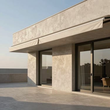 Architectural exterior awning over a modern concrete terrace, clean lines against a clear sky, subtle shadows, luxury outdoor design, 35mm