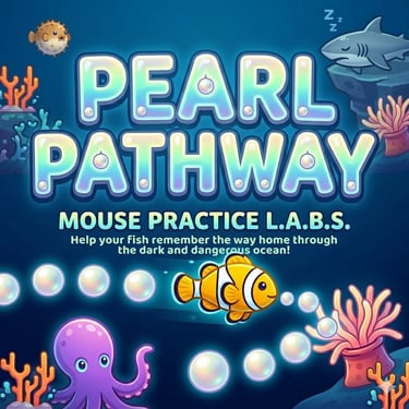 Pearl Pathway mouse practice game cover featuring a purple octopus and a bright pearl in an underwat