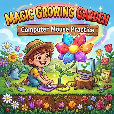 A colorful digital graphic for an educational computer game called Magic Growing Garden. The cartoon