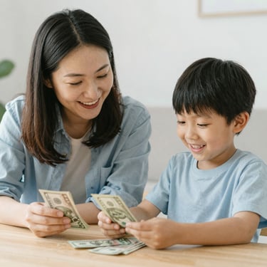 Happy boy counting coins with a teacher in a bright classroom.