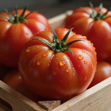 Macro shot of heirloom tomatoes stacked in a wooden crate, soft morning light, water droplets visible on skins.