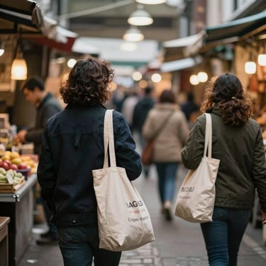 A bustling market aisle with people carrying canvas bags, soft overhead light, warm and inviting atmosphere.