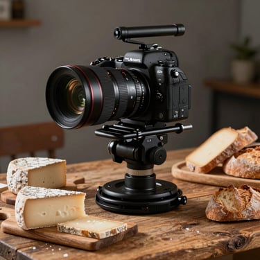 A professional camera rig positioned over a rustic wooden table with artisanal cheeses and fresh bread.