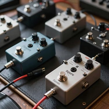 Square close-up of physical guitar pedals and modular synth patch cables resting on a dark vinyl record sleeve.