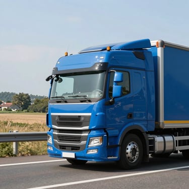 A modern clean blue transport truck driving on a scenic European highway during bright natural daylight, sharp focus, professional editorial photography.