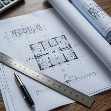 Top-down structured desk layout with technical project blueprints, steel ruler, and architectural drawings under cool diffused light.