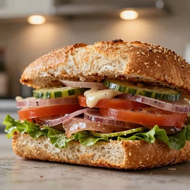Intimate close-up of a perfectly layered deli sandwich under warm kitchen counter lights