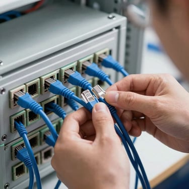 Macro over-the-shoulder shot of a technician precisely connecting neat blue ethernet cables into a patch panel inside a clean workspace, natural daylight.