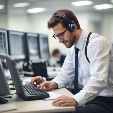 A smiling middle-aged man in business casual attire sitting at a desk with a laptop.