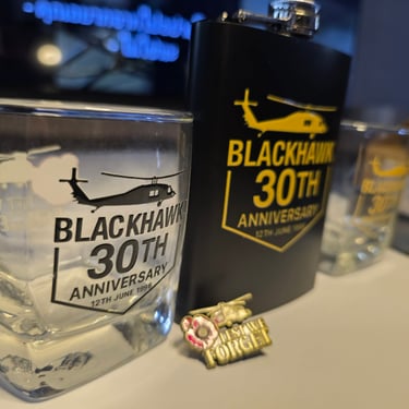 BH30 black flask with black helicopter whisky glass and memorial pin