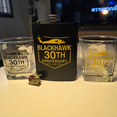 BH30 black flask with gold helicopter and whisky glasses with black and gold BH30 graphics