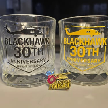 BH30 Connexion whisky glasses with black and gold Blackhawk 30th anniversary graphics