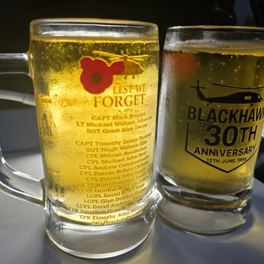 BH30 Munich beer mugs with Blackhawk 30th anniversary graphic and memorial design