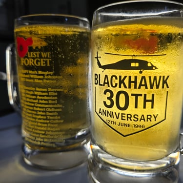 BH30 Munich beer stein with Blackhawk 30th anniversary graphic and Lest We Forget artwork