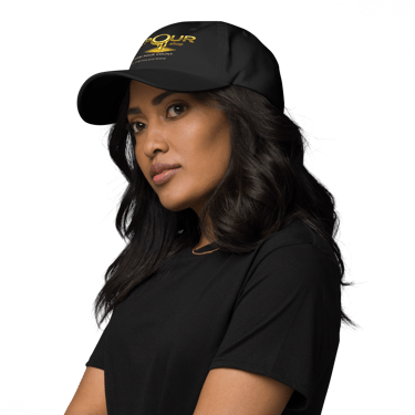 woman wearing the pour shop logo black cap portrait