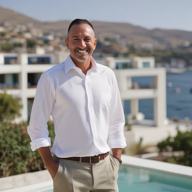 Photo of a confident young man with glasses, casual shirt, smiling warmly on a dark navy backdrop.