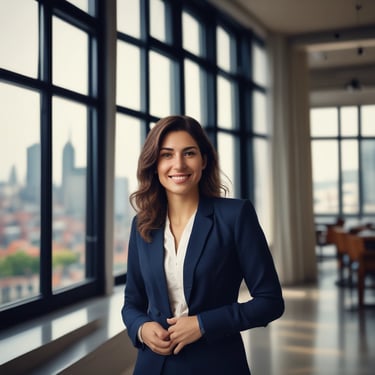 Portrait of a smiling middle-aged woman with short hair, professional attire, against a dark navy background.