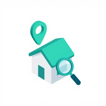 Isometric 3D vector icon of a house model with a digital location pin and magnifying glass, teal accents, minimalist white background