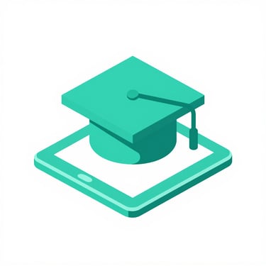 Isometric 3D vector icon of a graduation cap resting on a digital tablet, vibrant teal, minimalist white background