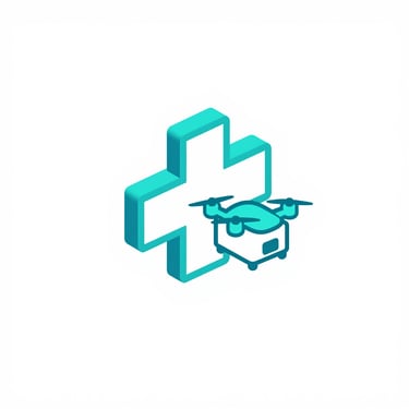 Isometric 3D vector icon of a medical cross emblem with a speedy delivery drone, vibrant cyan, minimalist white background