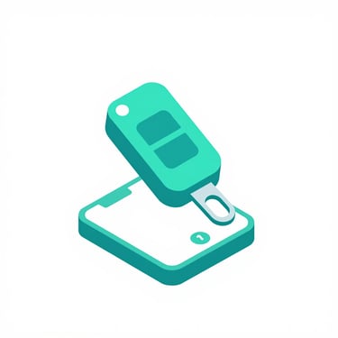 Isometric 3D vector icon of a car key overlaying a digital smartphone lock screen, teal accents, minimalist white background