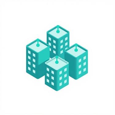 Isometric 3D vector icon of residential buildings connected by digital communication nodes, cyan accents, minimalist white background