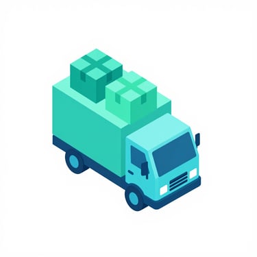 Isometric 3D vector icon of a delivery truck carrying diverse packages, digital interface overlay, minimalist white background