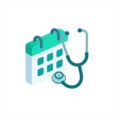 Isometric 3D vector icon of a digital calendar with a medical stethoscope, teal accents, minimalist white background