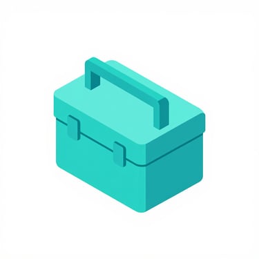 Isometric 3D vector icon of a toolbox with digital service gear icons, vibrant cyan, minimalist white background