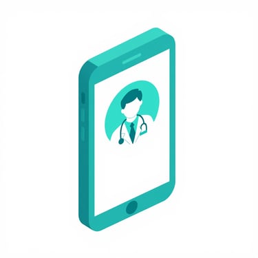 Isometric 3D vector icon of a smartphone displaying a secure video call with a doctor, cyan accents, minimalist white background