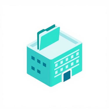 Isometric 3D vector icon of a modern clinic building with digital health record folders, clean vector, minimalist white background