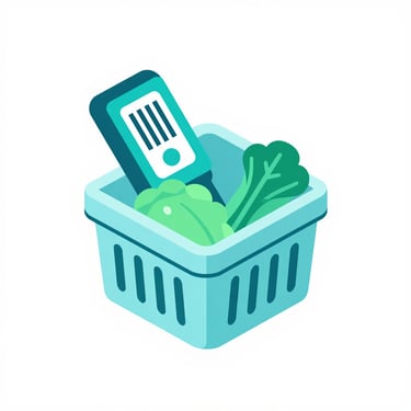 Isometric 3D vector icon of a grocery basket filled with fresh produce, digital barcode scanner, teal accents, minimalist white background