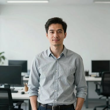 Candid editorial portrait of a male tech lead in a clean modern workspace, bright daylight, cool desaturated tones, 35mm.