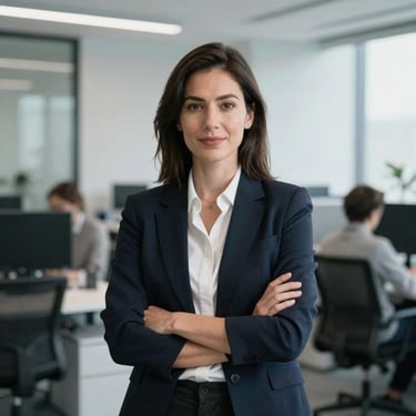 Candid editorial portrait of a female CRM architect in a bright modern tech office, sharp focus, cool tones, 35mm.