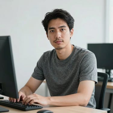 Candid editorial portrait of a male data journalist in a clean workspace with natural light, sharp focus, 35mm.