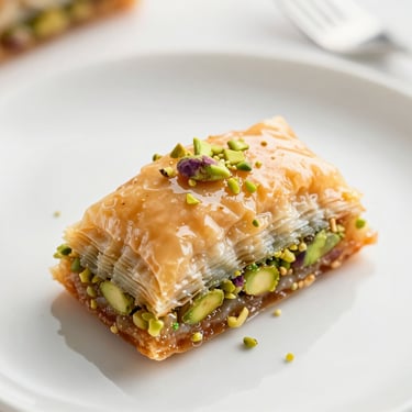 A single square of golden basbousa semolina cake topped with a blanched almond, crisp natural side-light, glistening syrup