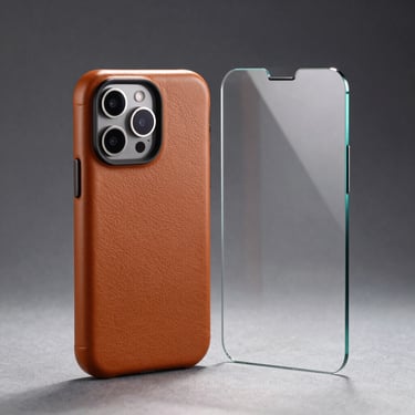 A premium leather smartphone protective cover next to a tempered glass screen protector, studio lighting, clean shadows.