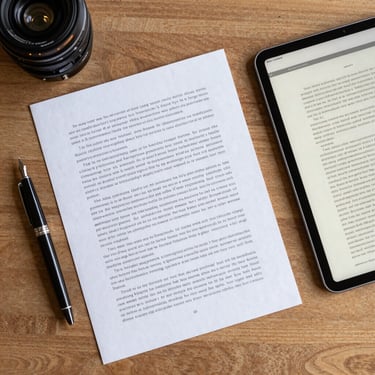 Overhead flat lay of editorial planning, featuring a clean workspace with a physical manuscript, a fountain pen, and a digital tablet showing a book layout, warm natural lighting.
