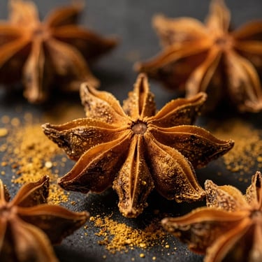 Extreme macro shot of raw golden spices in high-contrast studio setting, dramatic low-key lighting with deep shadows, showcasing material texture.