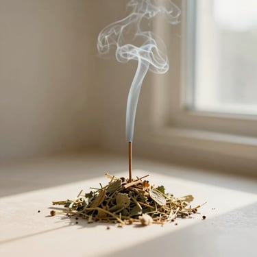 Delicate dried herbs and incense smoke rising slowly in a sunlit room, earthy tones, soft morning light, shallow depth of field.
